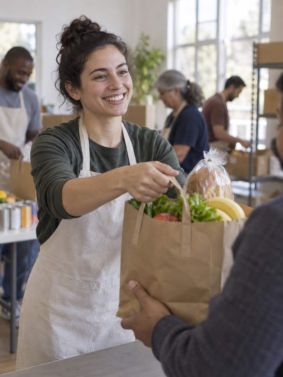 Volunteer handing a grocery bag