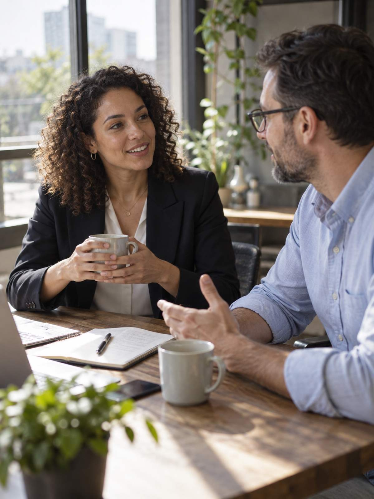Two partners talking over coffee