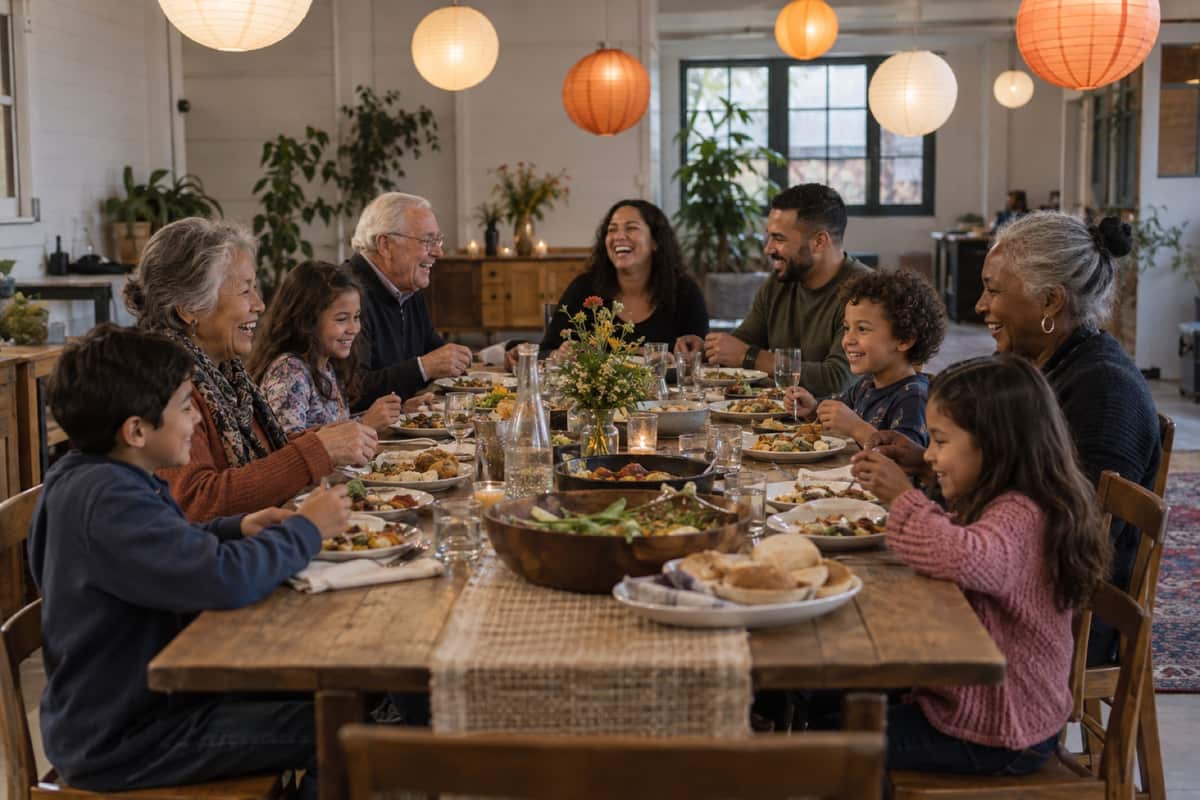 Neighbors sharing dinner at a long table