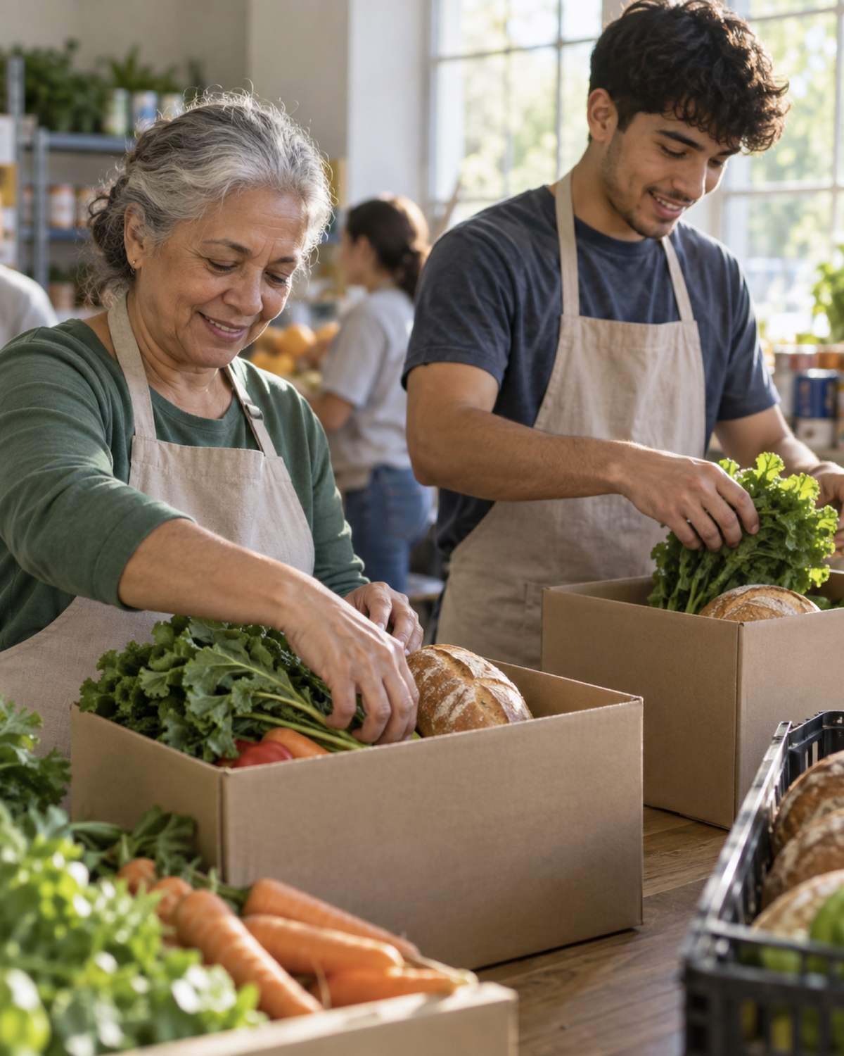 Volunteers packing produce