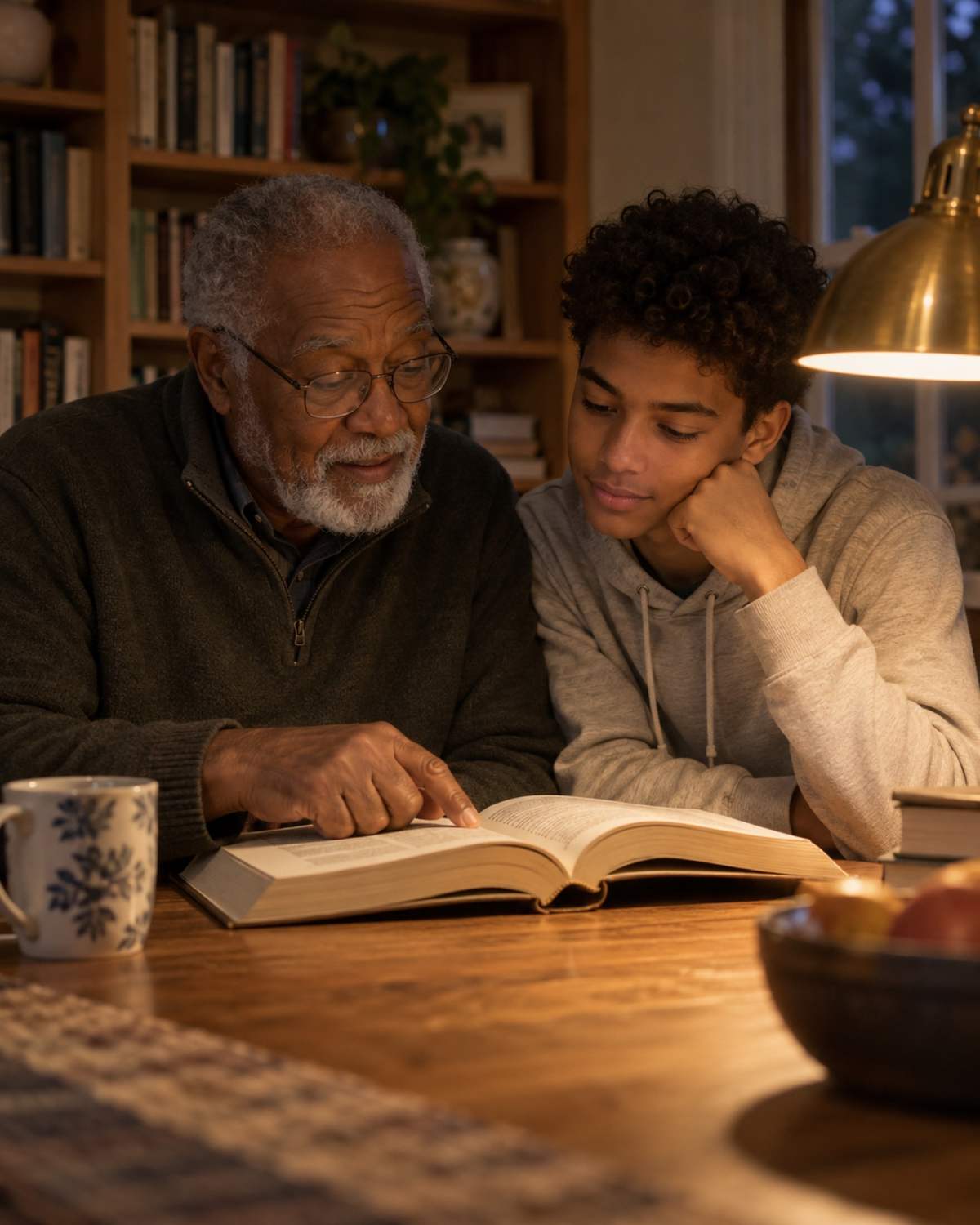 Grandfather and grandson reading at a lamp-lit table